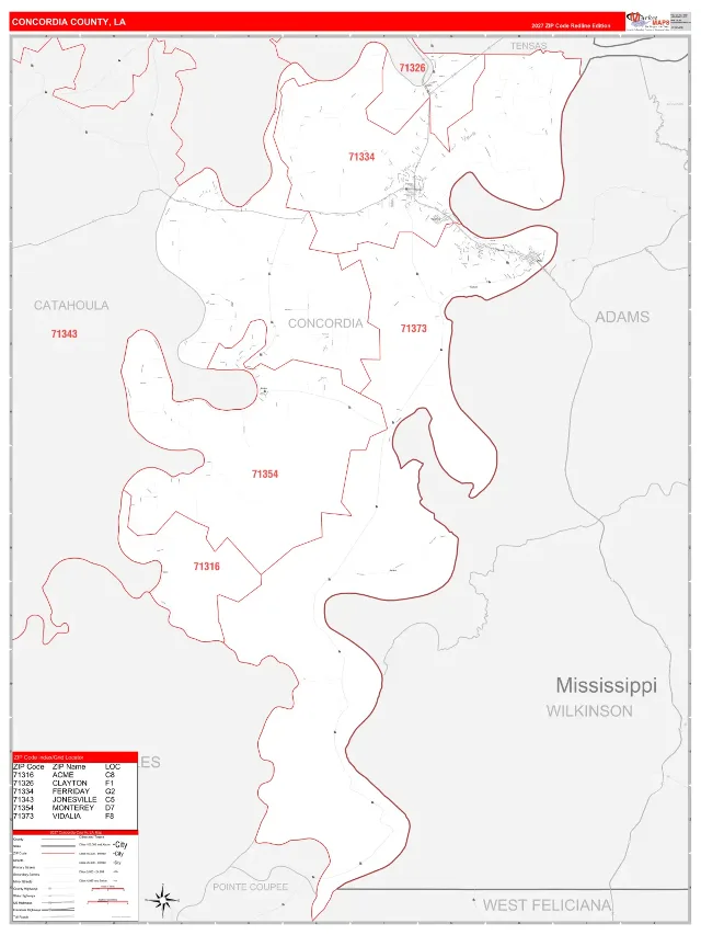 Concordia County, LA ZIP Code Wall Map, RedLine style