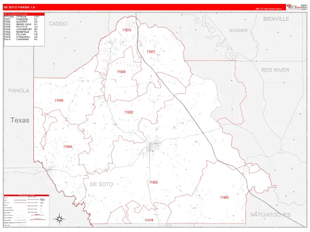 DeSoto County, LA ZIP Code Wall Map, RedLine style