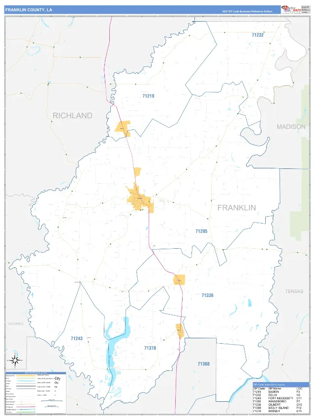 Franklin County, LA ZIP Code Wall Map, Business Reference style