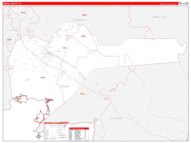 Iberia County, LA ZIP Code Wall Map, RedLine style