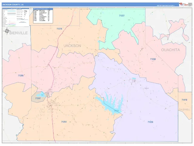 Jackson County, LA ZIP Code Wall Map, ColorCast style