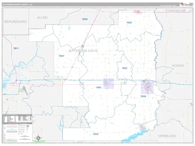 Jefferson Davis County, LA ZIP Code Wall Map, Classic style