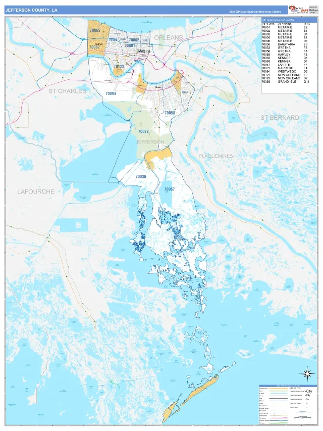 Jefferson County, LA ZIP Code Wall Map, Business Reference style
