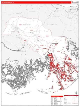 Lafourche County, LA RedLine style ZIP Code wall map