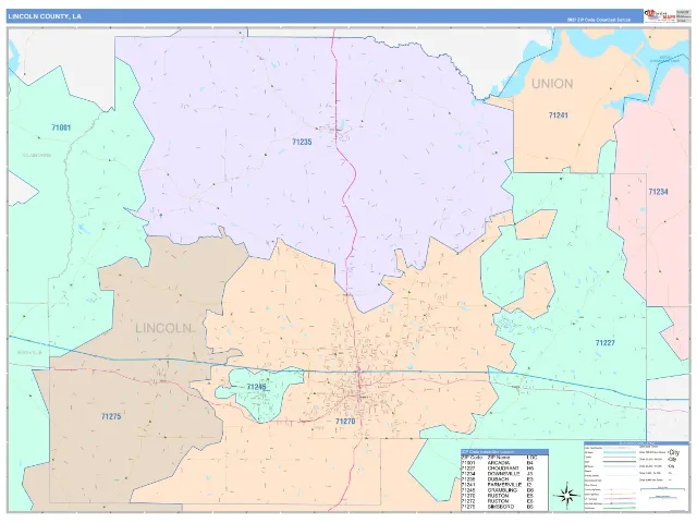 Lincoln County, LA ZIP Code Wall Map, ColorCast style