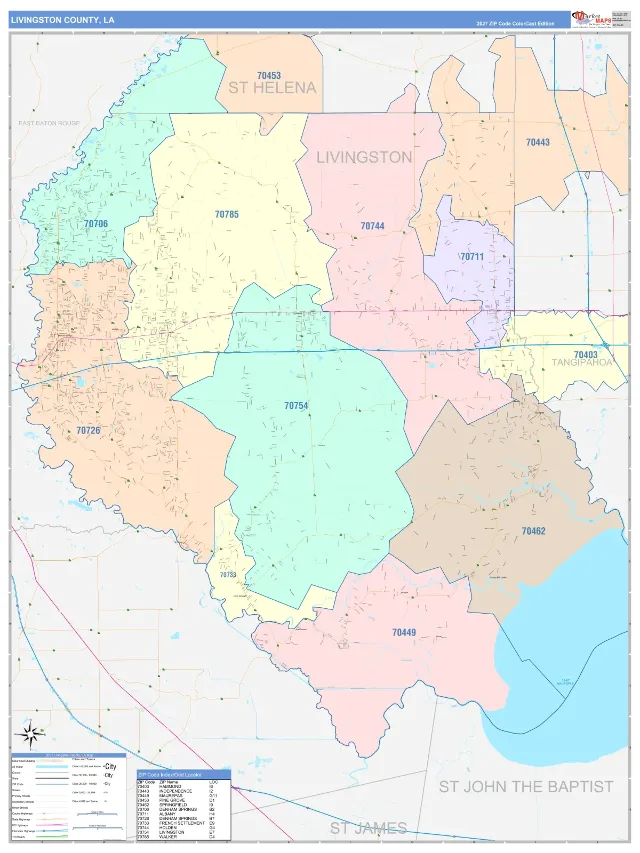 Livingston County, LA ZIP Code Wall Map, ColorCast style