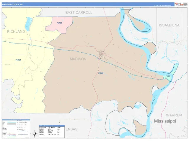 Madison County, LA ZIP Code Wall Map, ColorCast style