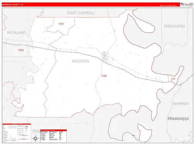 Madison County, LA ZIP Code Wall Map, RedLine style