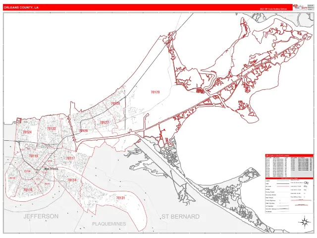 Orleans County, LA ZIP Code Wall Map, RedLine style