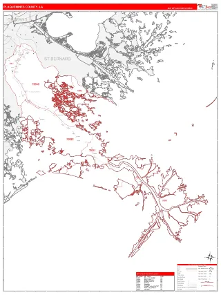 Plaquemines County, LA RedLine style ZIP Code wall map