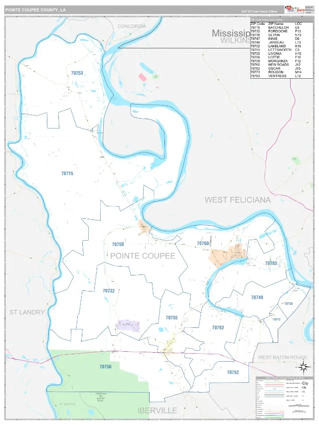Pointe Coupee County, LA ZIP Code Wall Map, Classic style