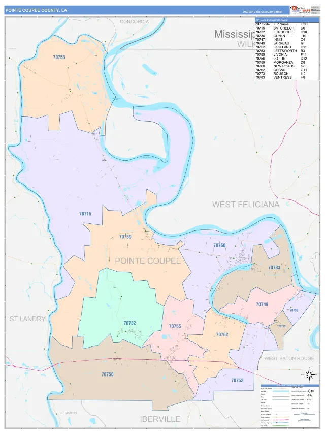 Pointe Coupee County, LA ZIP Code Wall Map, ColorCast style