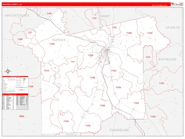 Rapides County, LA ZIP Code Wall Map, RedLine style