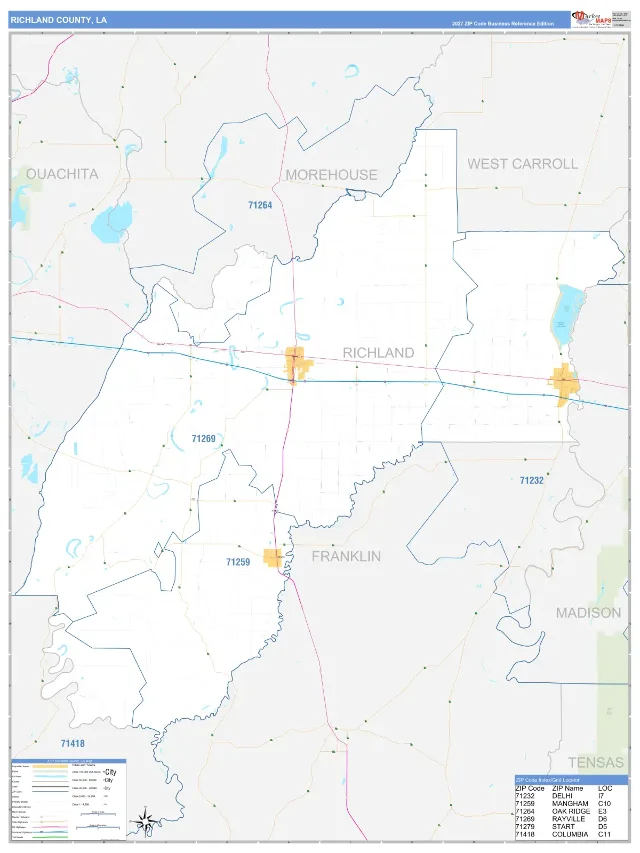 Richland County, LA ZIP Code Wall Map, Business Reference style