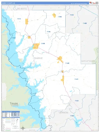 Sabine County, LA Business Reference style ZIP Code wall map