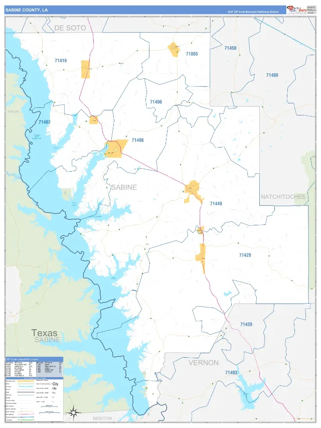 Sabine County, LA ZIP Code Wall Map, Business Reference style