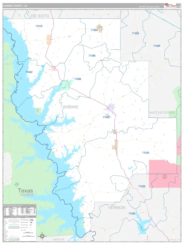 Sabine County, LA ZIP Code Wall Map, Classic style