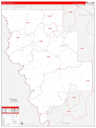 Sabine County, LA RedLine style ZIP Code wall map