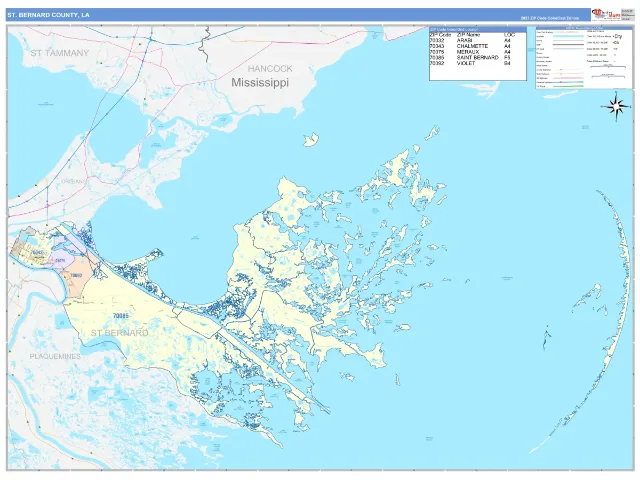 St. Bernard County, LA ZIP Code Wall Map, ColorCast style