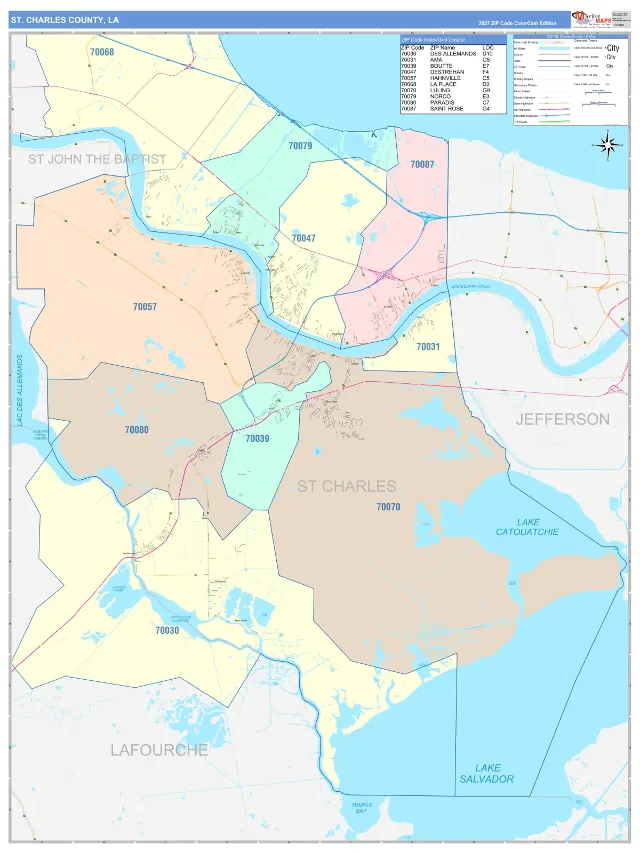 St. Charles County, LA ZIP Code Wall Map, ColorCast style