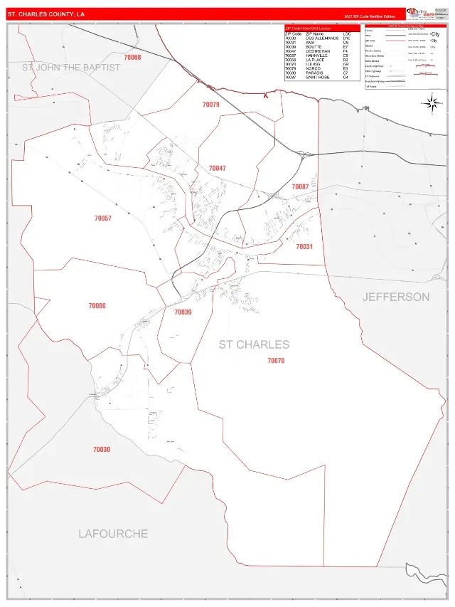 St. Charles County, LA ZIP Code Wall Map, RedLine style