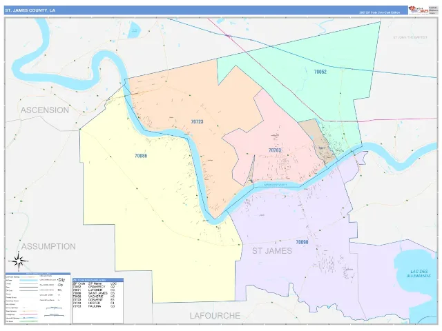 St. James County, LA ZIP Code Wall Map, ColorCast style