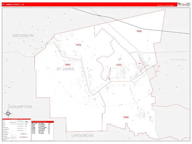 St. James County, LA ZIP Code Wall Map, RedLine style