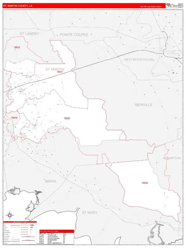 St. Martin County, LA ZIP Code Wall Map, RedLine style