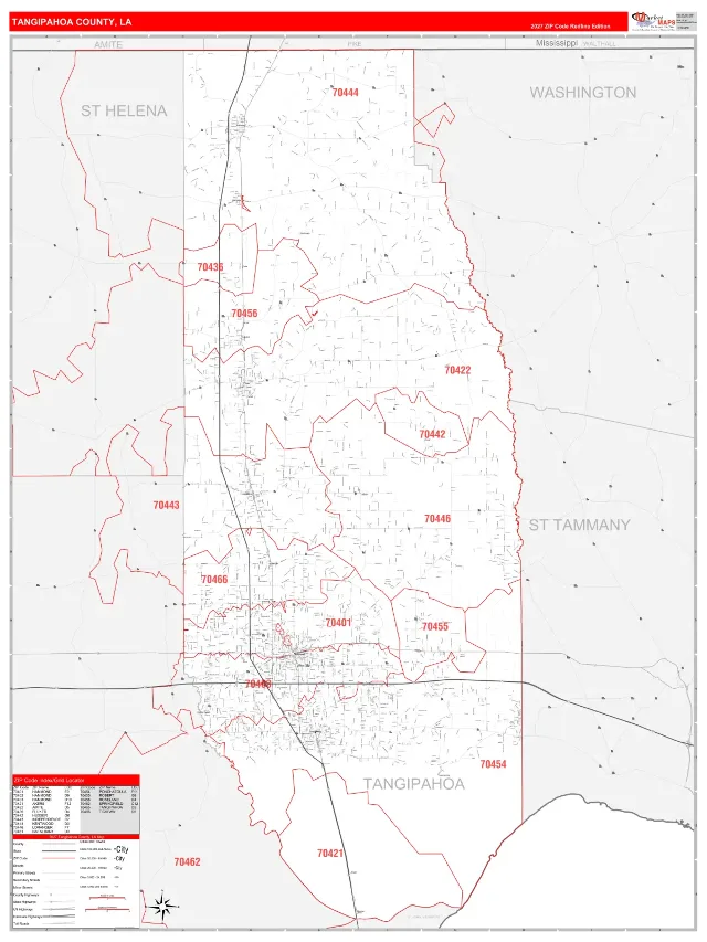 Tangipahoa County, LA ZIP Code Wall Map, RedLine style