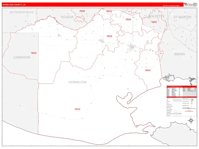 Vermilion County, LA ZIP Code Wall Map, RedLine style