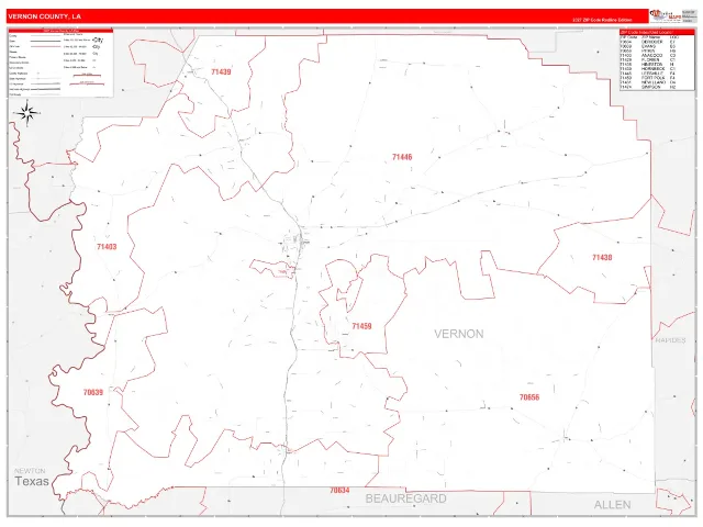 Vernon County, LA ZIP Code Wall Map, RedLine style