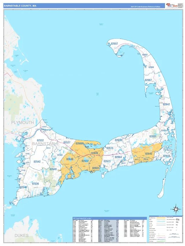 Barnstable County, MA ZIP Code Wall Map, Business Reference style