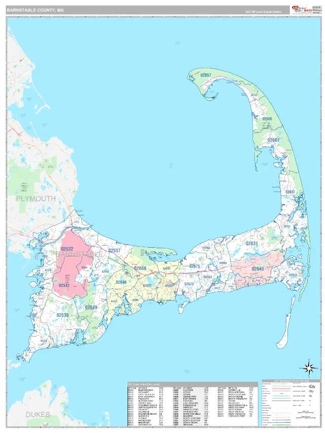 Barnstable County, MA ZIP Code Wall Map, Classic style