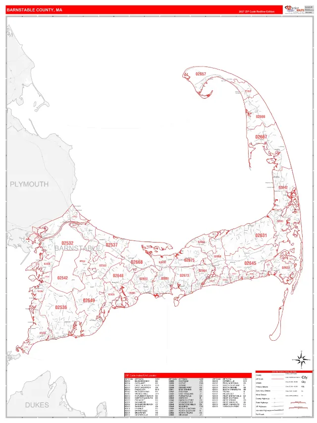 Barnstable County, MA ZIP Code Wall Map, RedLine style