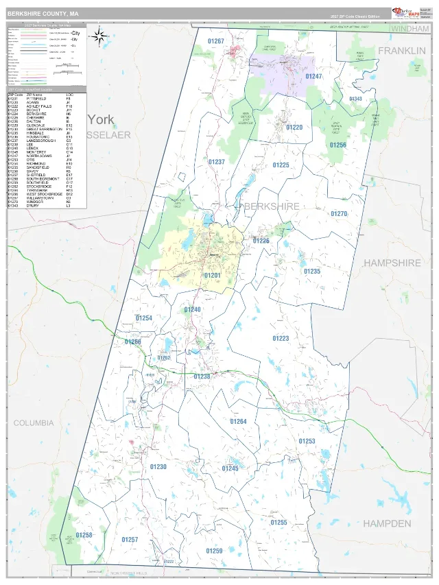 Berkshire County, MA ZIP Code Wall Map, Classic style