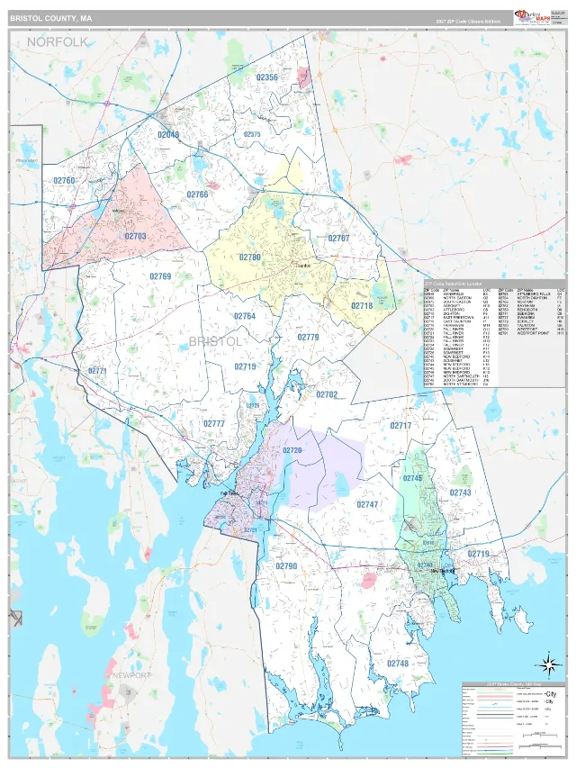 Bristol County, MA ZIP Code Wall Map, Classic style