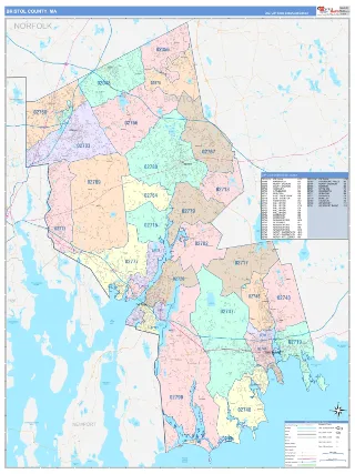 Bristol County, MA ColorCast style ZIP Code wall map