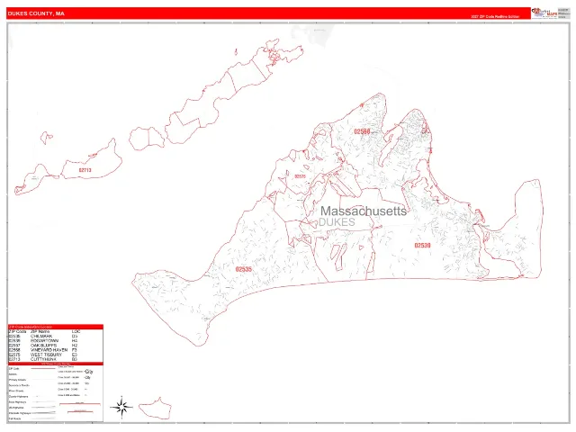 Dukes County, MA ZIP Code Wall Map, RedLine style