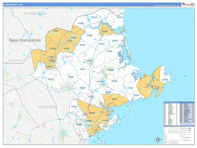 Essex County, MA ZIP Code Wall Map, Business Reference style