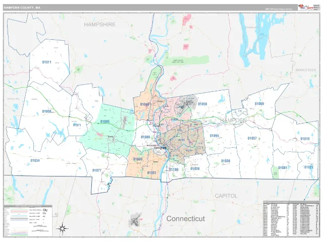 Hampden County, MA ZIP Code Wall Map, Classic style