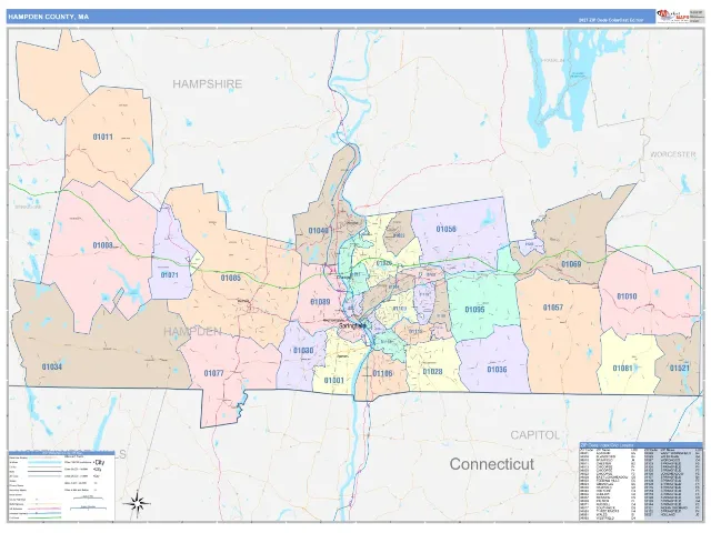 Hampden County, MA ZIP Code Wall Map, ColorCast style