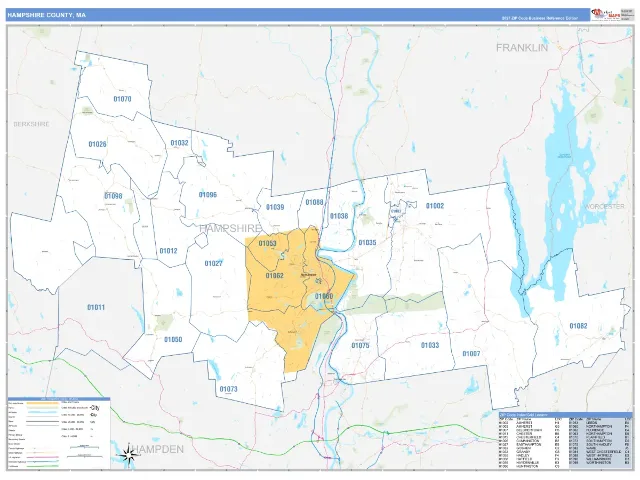 Hampshire County, MA ZIP Code Wall Map, Business Reference style