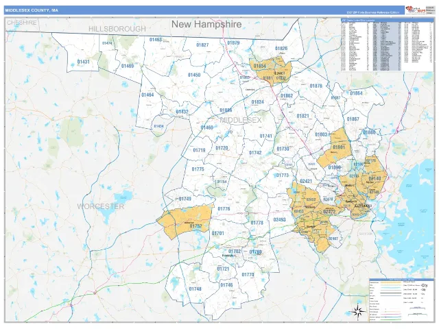 Middlesex County, MA ZIP Code Wall Map, Business Reference style