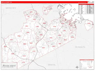 Norfolk County, MA RedLine style ZIP Code wall map