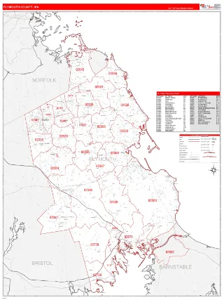 Plymouth County, MA RedLine style ZIP Code wall map