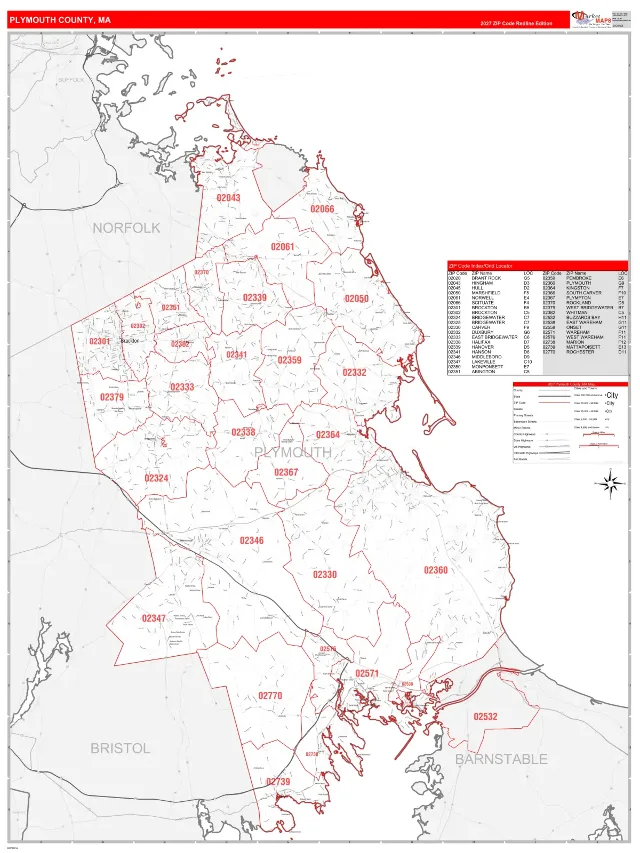 Plymouth County, MA ZIP Code Wall Map, RedLine style