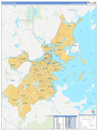 Suffolk County, MA Business Reference style ZIP Code wall map