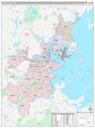 Suffolk County, MA Classic style ZIP Code wall map