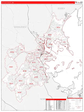 Suffolk County, MA RedLine style ZIP Code wall map