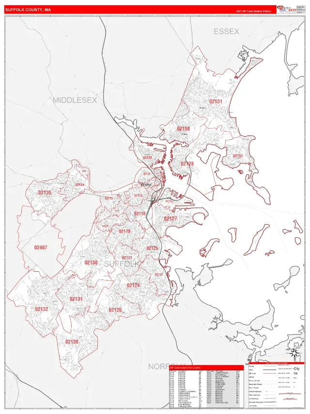 Suffolk County, MA ZIP Code Wall Map, RedLine style